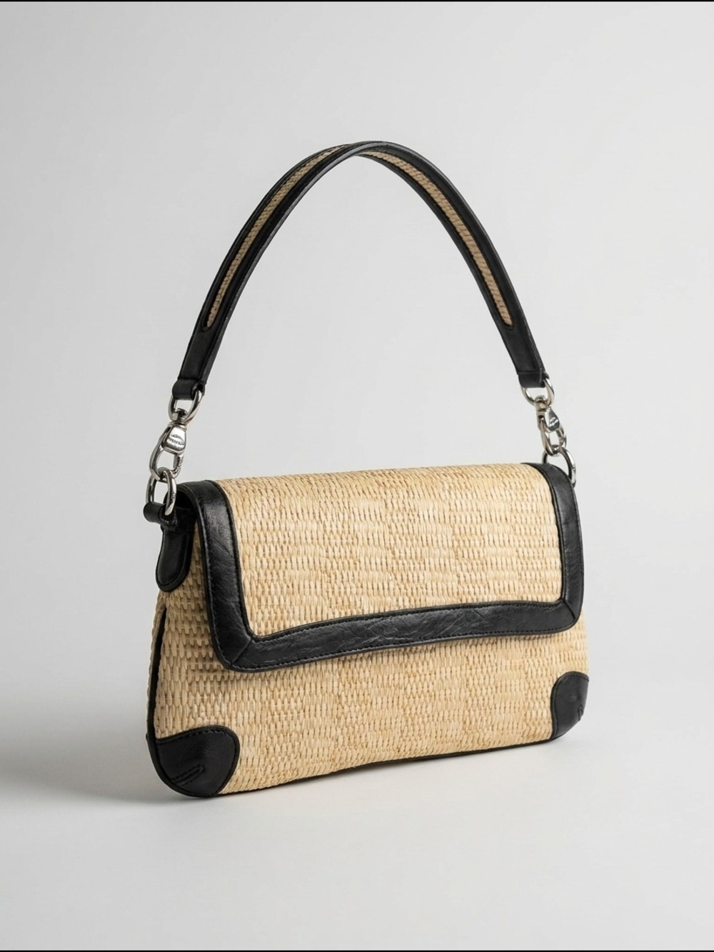 Kate Landry Straw Shoulder Bag with Black Trim